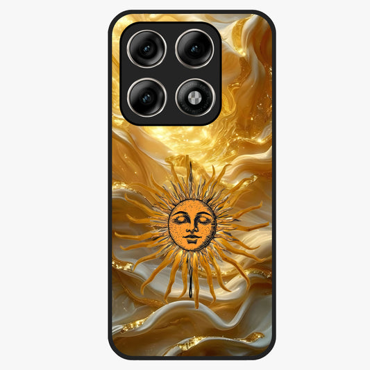 Eternal Golden Glow Glass Case showing flat back view with radiant golden themed artwork and glossy glass finish.