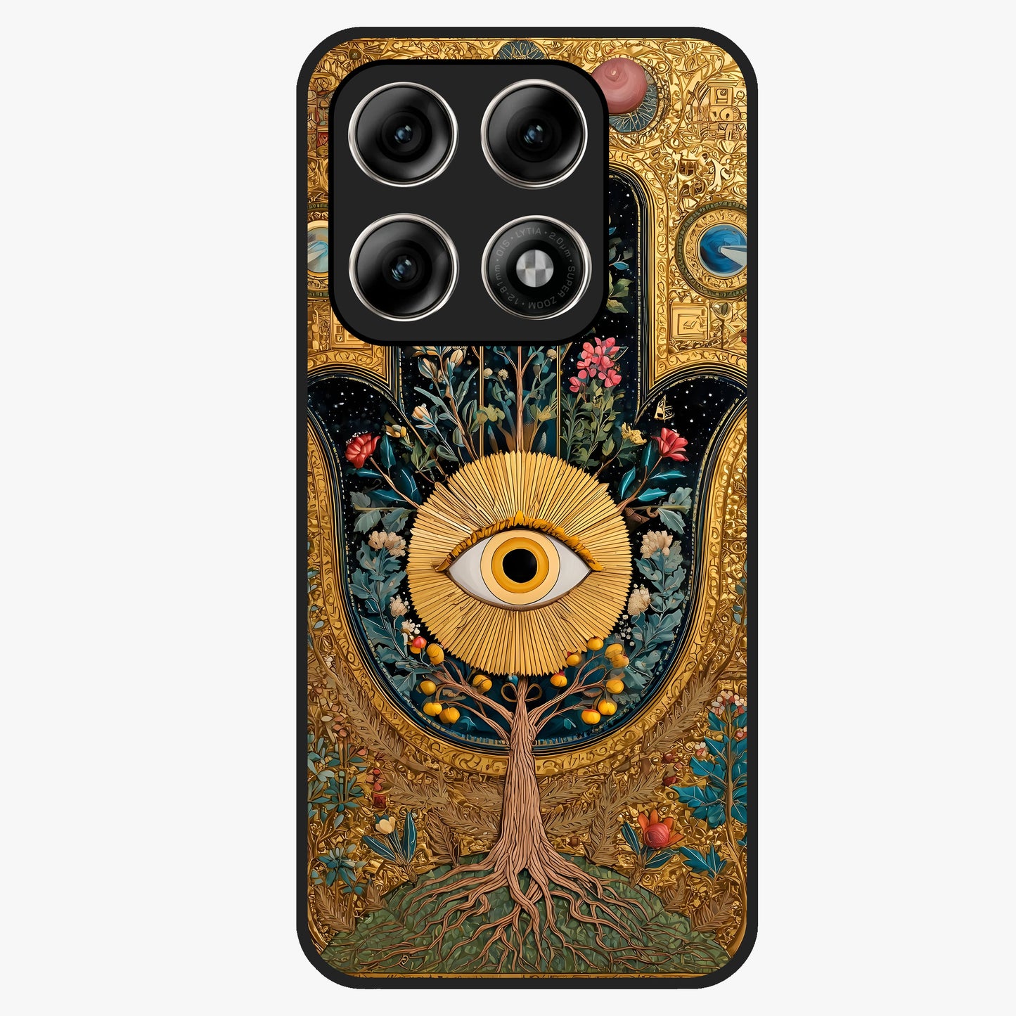 Ethereal Evil Eye Glass Case showing flat back view with mystical evil eye artwork and glossy glass finish.