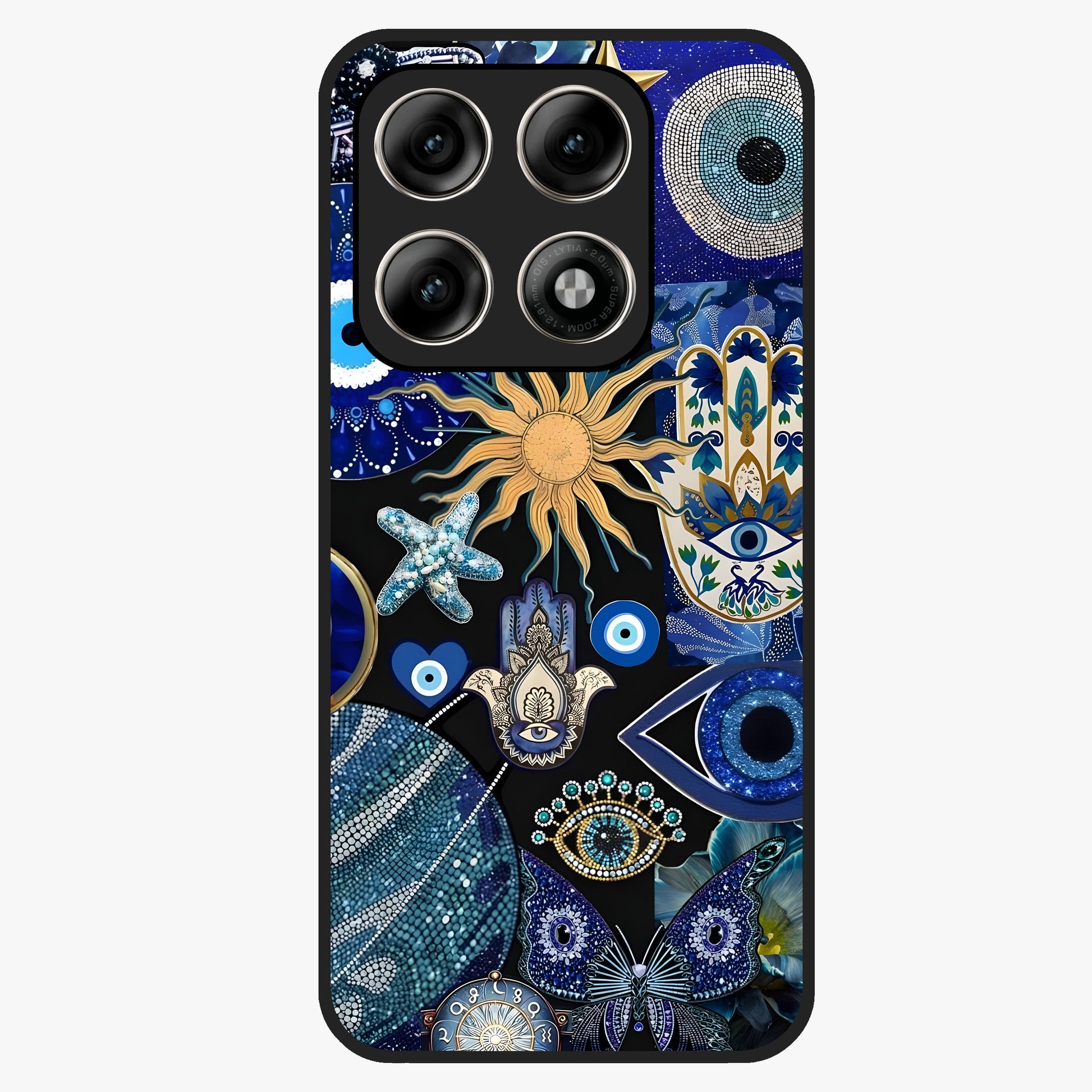 Evil Eye Charm Mix Glass Case showing flat back view with multiple evil eye charms artwork and glossy glass finish.