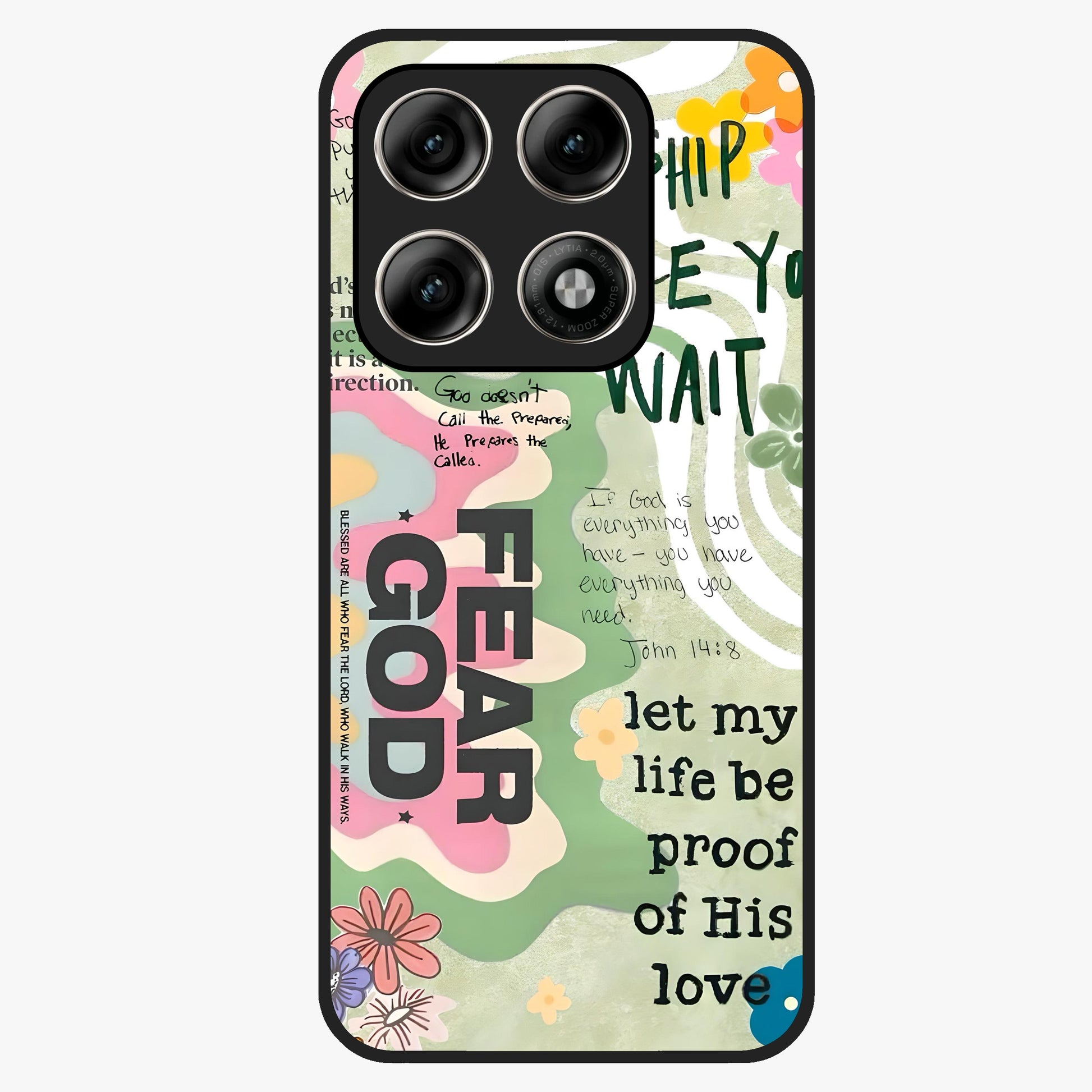 Faith Over Fear Glass Case showing flat back view with motivational typography artwork and glossy glass finish.
