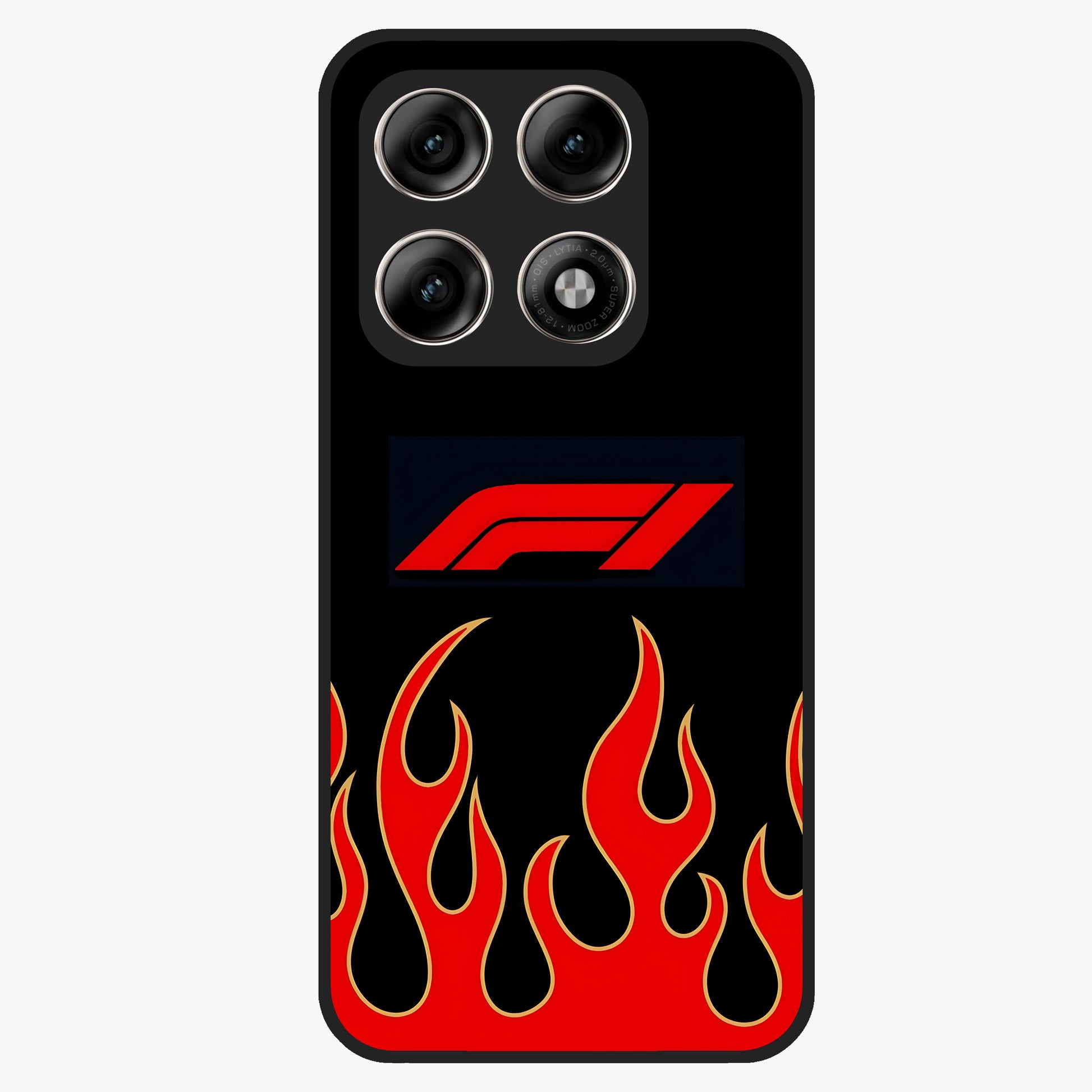 Fire F11 Glass Case showing flat back view with fiery themed artwork and glossy glass finish.
