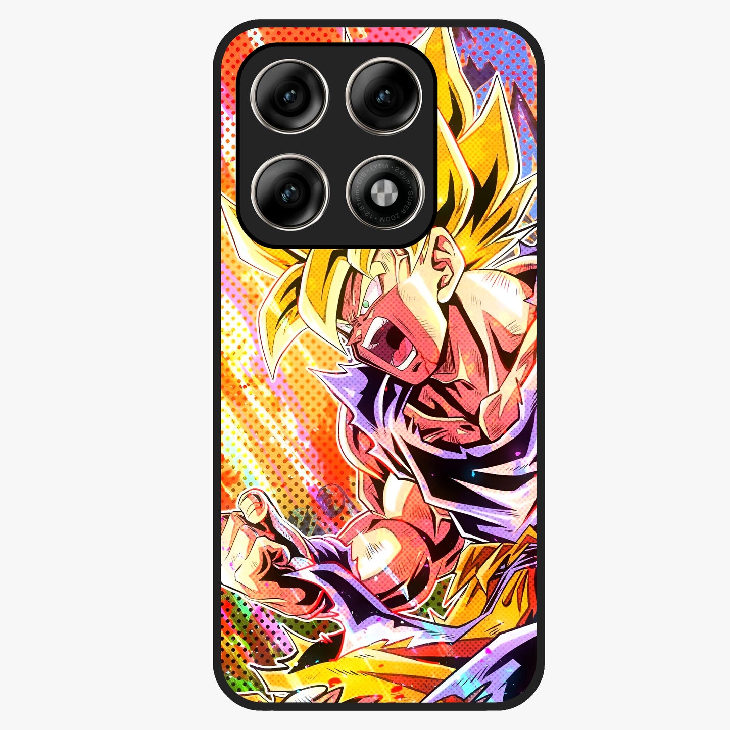Firing Goku Glass Case showing flat back view with powerful anime inspired artwork and glossy glass finish.