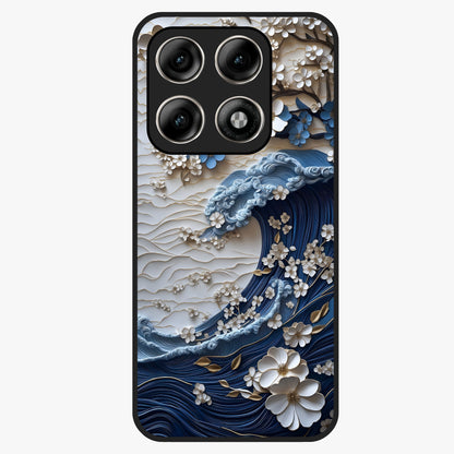 Floral Wave Origami Glass Case showing flat back view with origami inspired floral wave artwork and glossy glass finish.