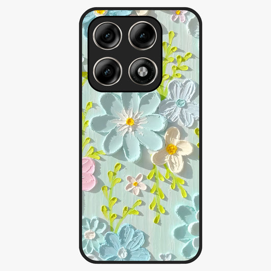 Frosted Petal Garden Glass Case showing flat back view with soft frosted floral artwork and glossy glass finish.