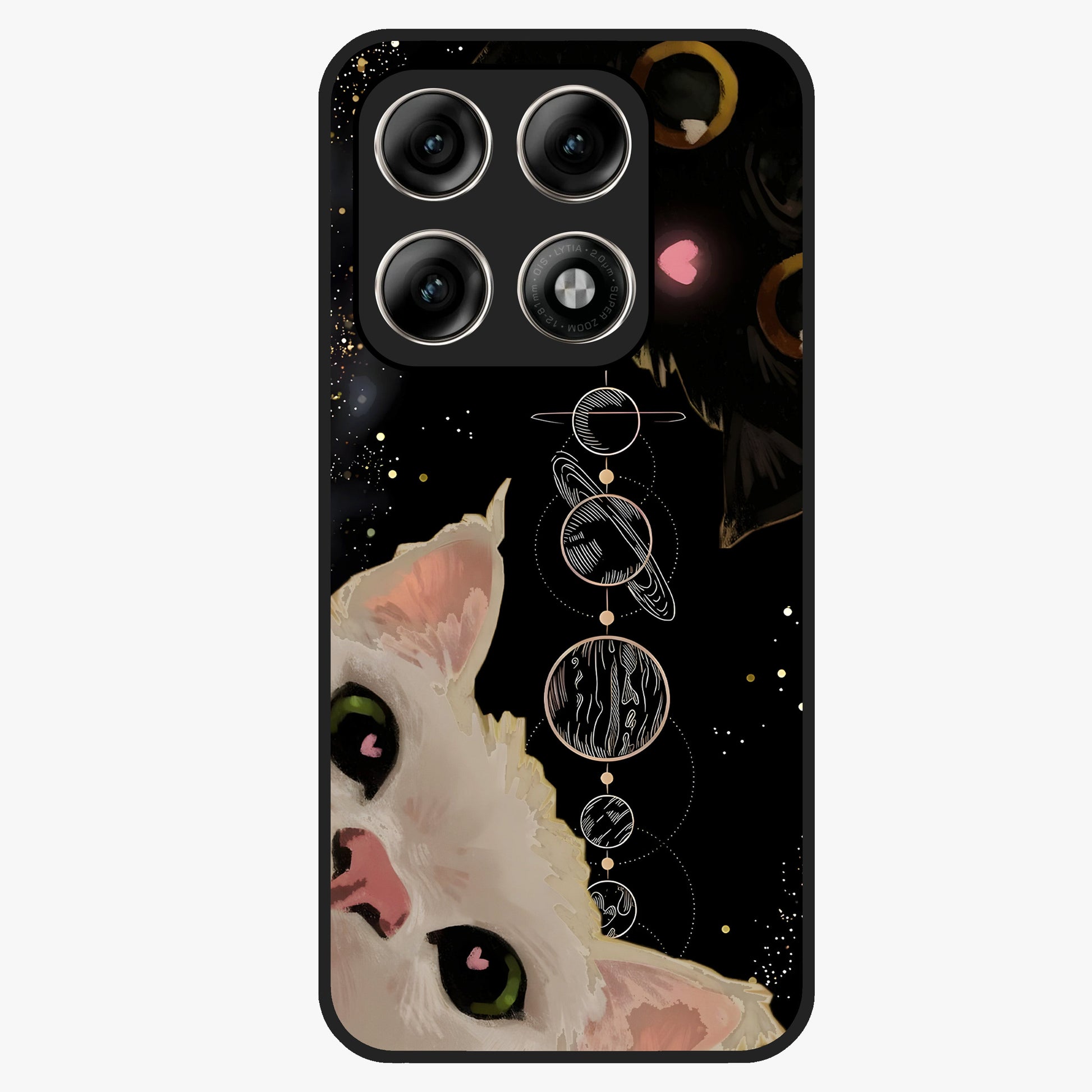 Galactic Cat Glass Case showing flat back view with cosmic cat artwork and glossy glass finish.