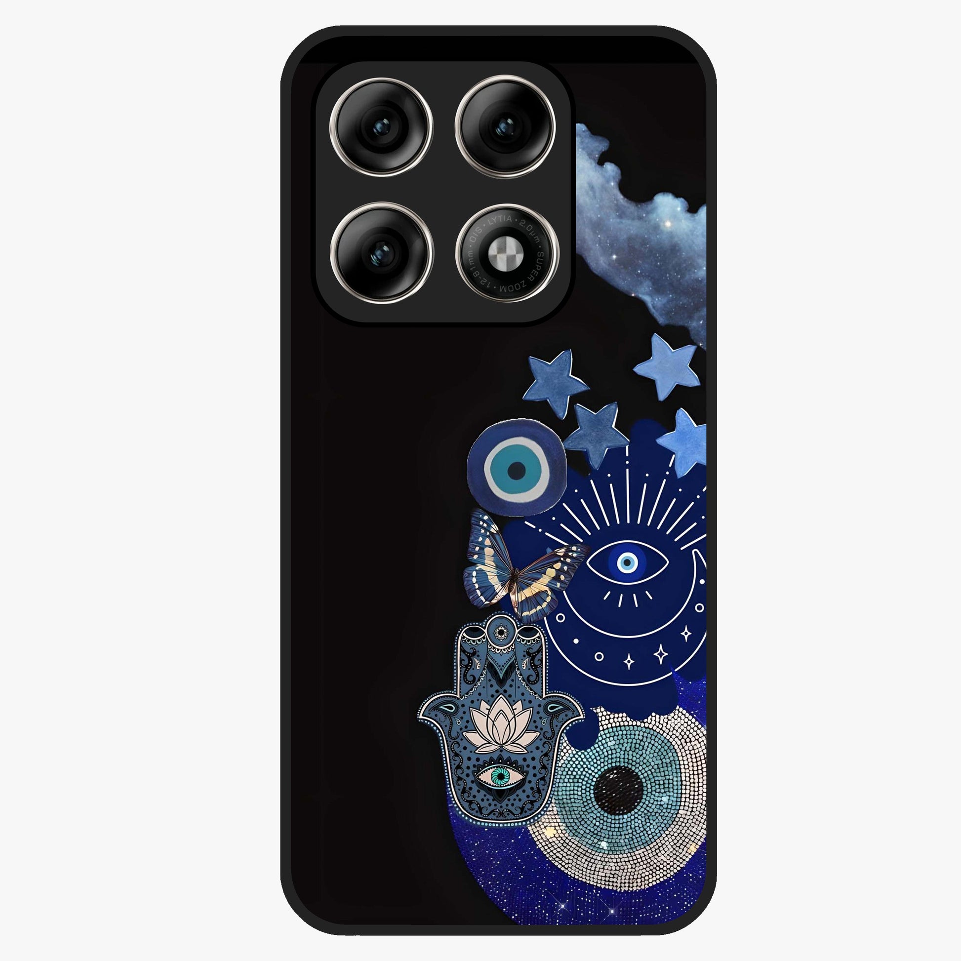 Galactic Charm Cluster Glass Case showing flat back view with glowing celestial charm artwork and glossy glass finish.
