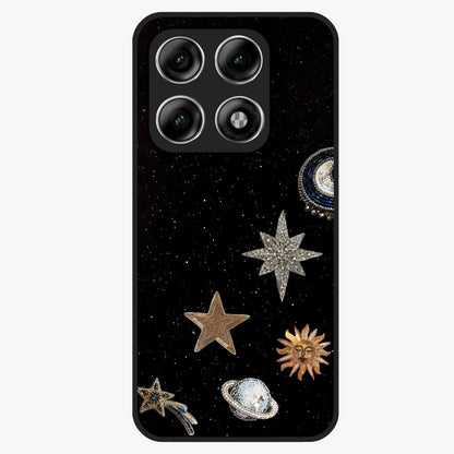 Galactic Charm Glow Glass Case showing flat back view with glowing celestial charm artwork and glossy glass finish.