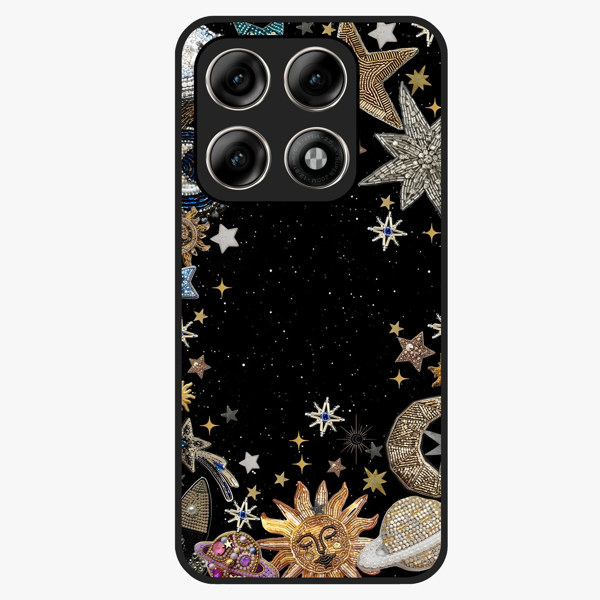 Galactic Jewel Stars Glass Case showing flat back view with sparkling star jewel artwork and glossy glass finish.
