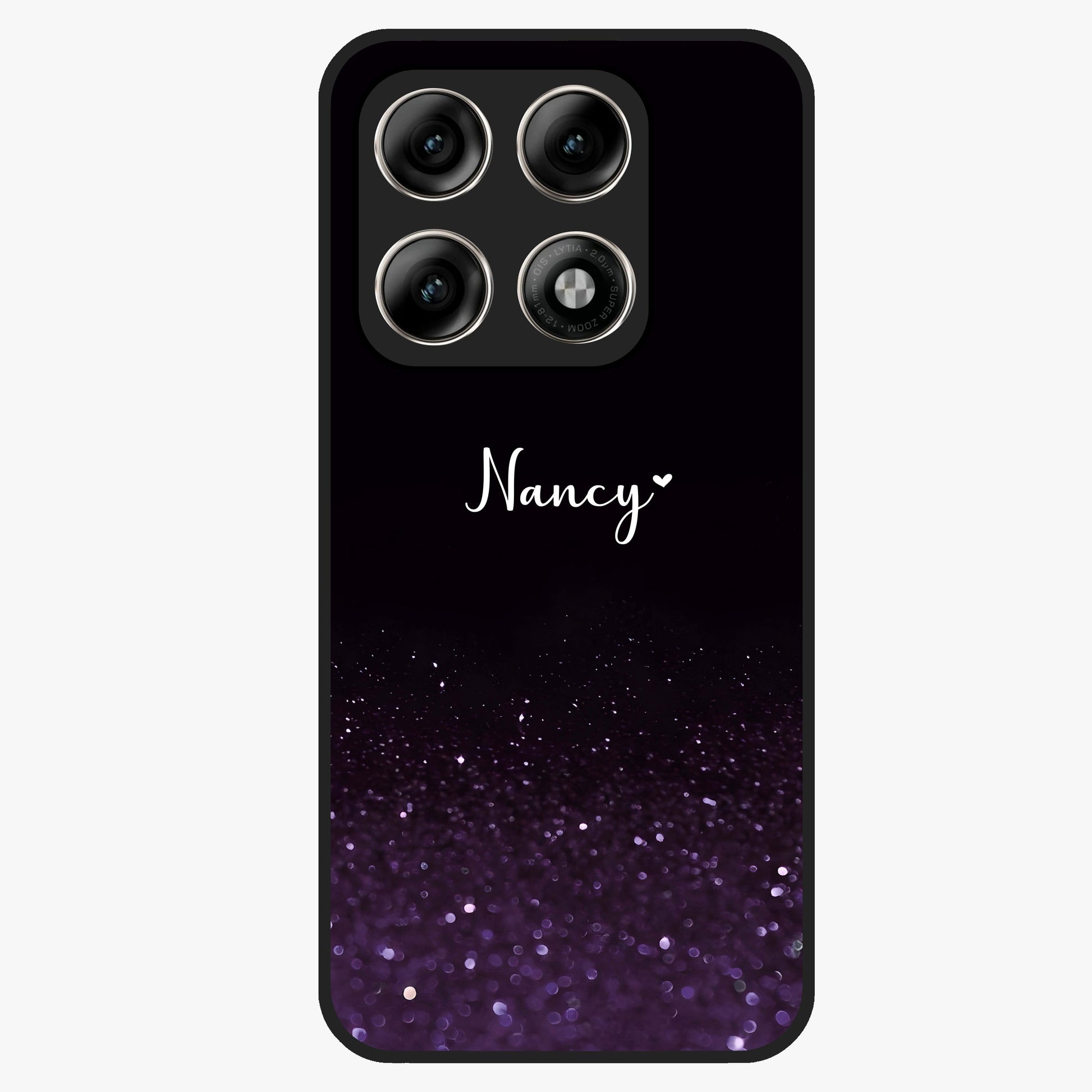 Glittery Purple Bokeh Custom Name Glass Case showing flat back view with purple bokeh sparkle artwork and personalized name design.