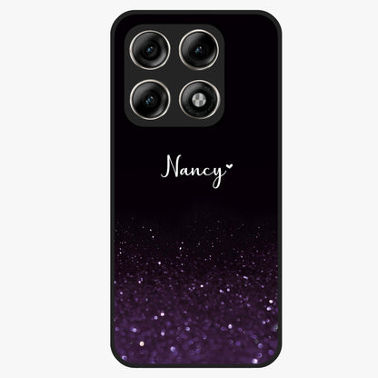 Glittery Purple Bokeh Custom Name Glass Case showing flat back view with purple bokeh sparkle artwork and personalized name design.