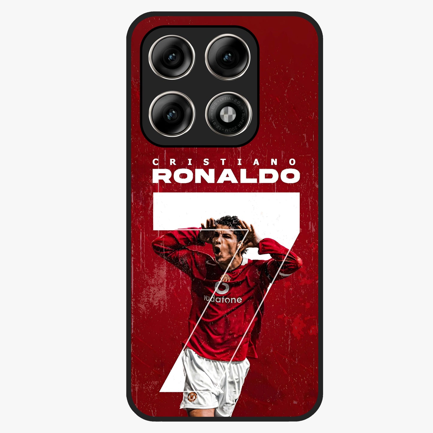 Goal Celebration Legacy Glass Case showing flat back view with football celebration inspired artwork and glossy glass finish.
