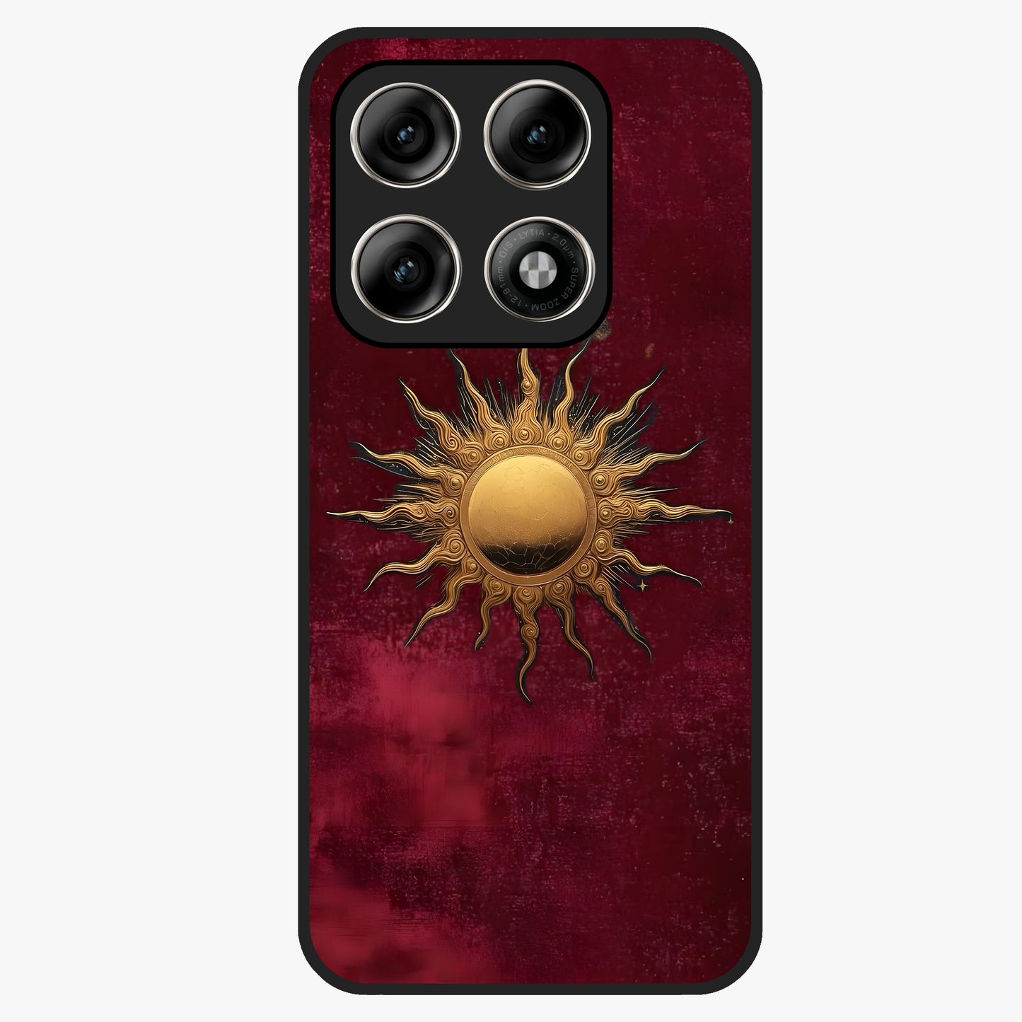 Gold Sun Blush Glass Case showing flat back view with golden sun inspired artwork and glossy glass finish.
