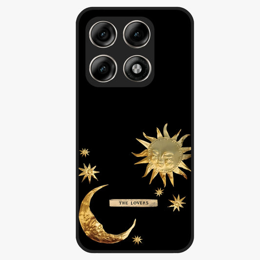 Golden Celestial Charm Glass Case showing flat back view with golden celestial charm artwork and glossy glass finish.