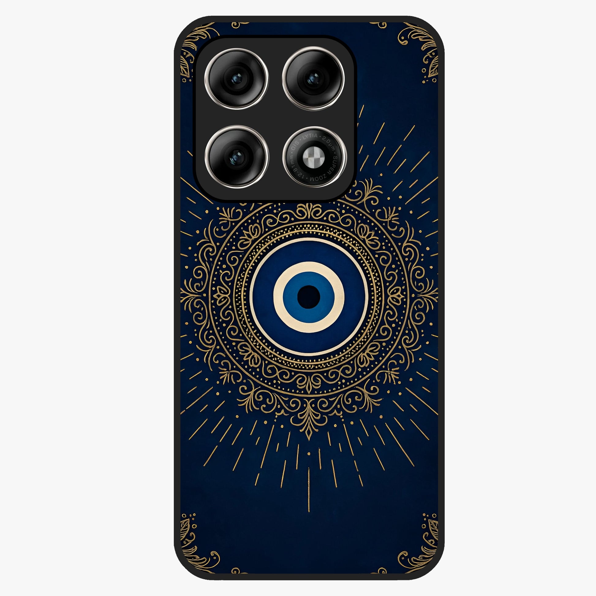 Golden Evil Eye Mandala Glass Case showing flat back view with intricate evil eye mandala artwork and glossy glass finish.