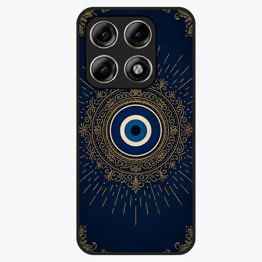 Golden Evil Eye Mandala Glass Case showing flat back view with intricate evil eye mandala artwork and glossy glass finish.