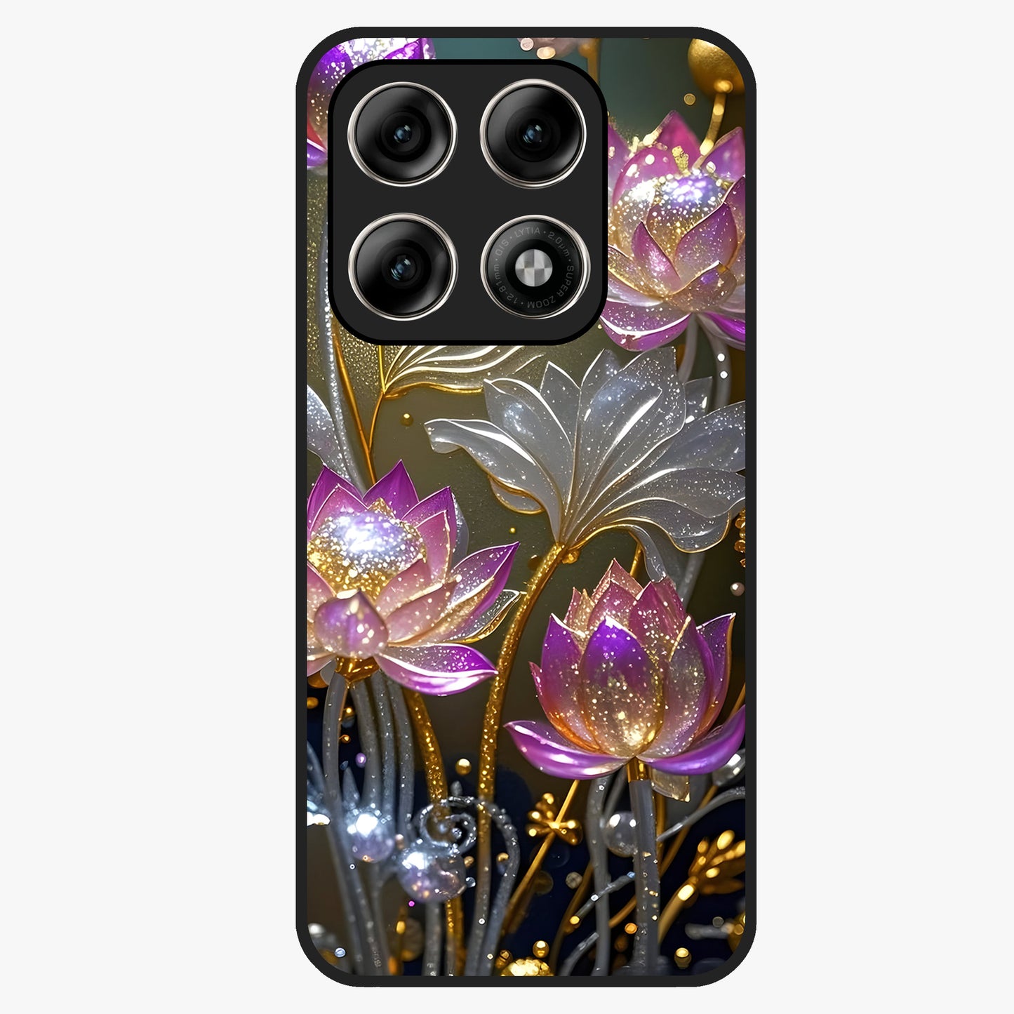Golden Lotus Glow Glass Case showing flat back view with glowing lotus flower artwork and glossy glass finish.