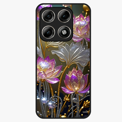 Golden Lotus Glow Glass Case showing flat back view with glowing lotus flower artwork and glossy glass finish.