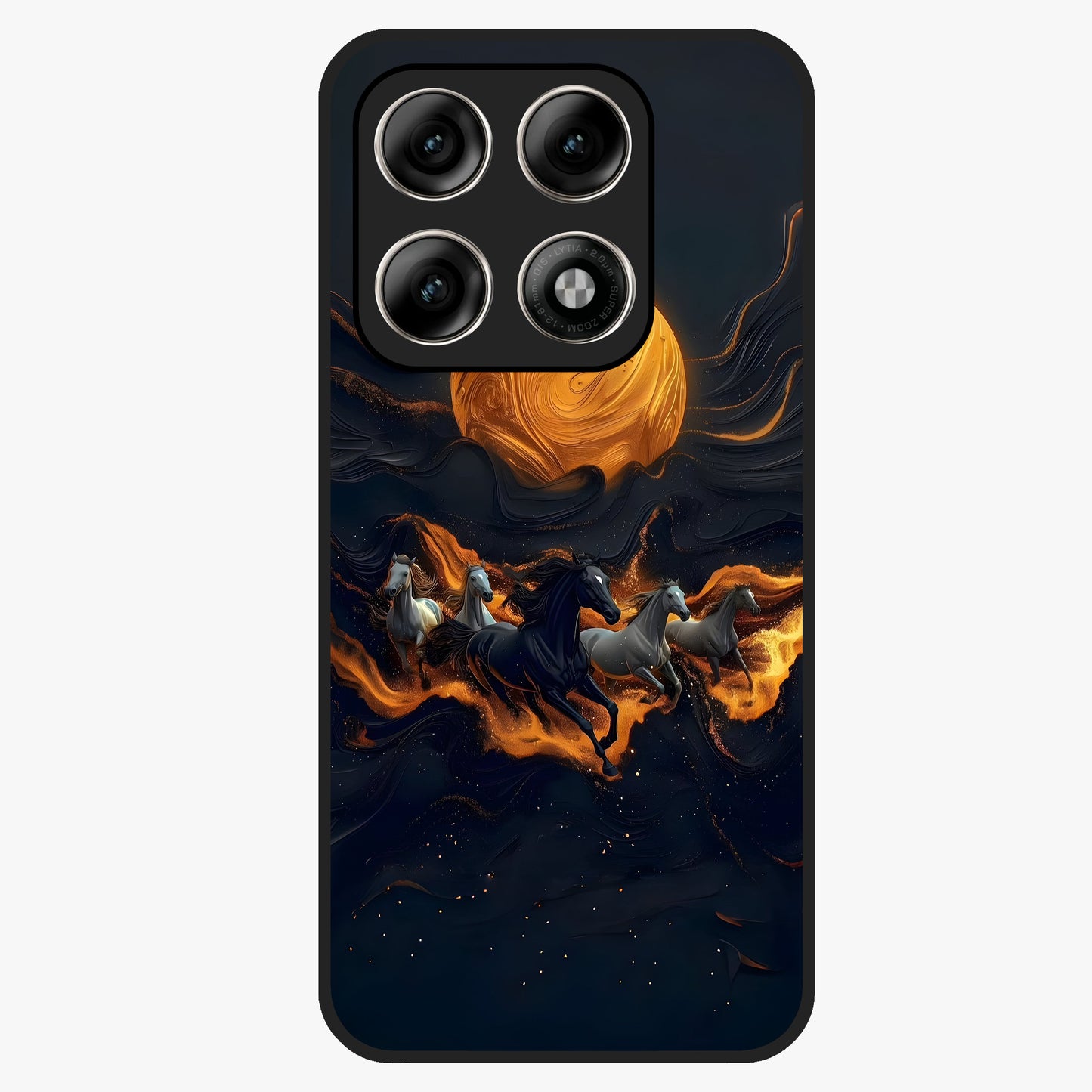 Golden Stallion Moonride Glass Case showing flat back view with majestic horse under moonlight artwork and glossy glass finish.
