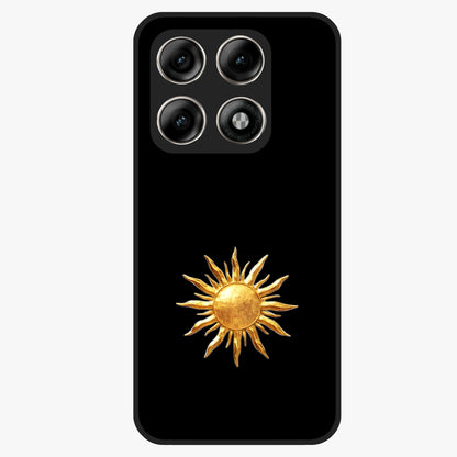 Golden Sun Minimalism Glass Case showing flat back view with minimal golden sun artwork and glossy glass finish.