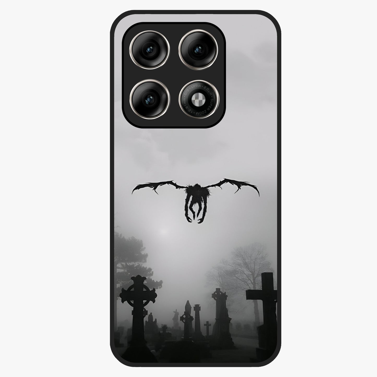 Graveyard Shadow Descent Glass Case showing flat back view with dark graveyard themed artwork and glossy glass finish.