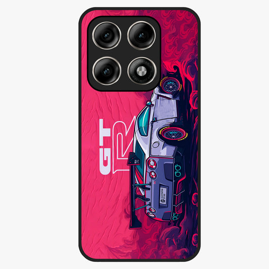 GT-R Car Pattern Glass Case showing flat back view with sporty car inspired pattern artwork and glossy glass finish.