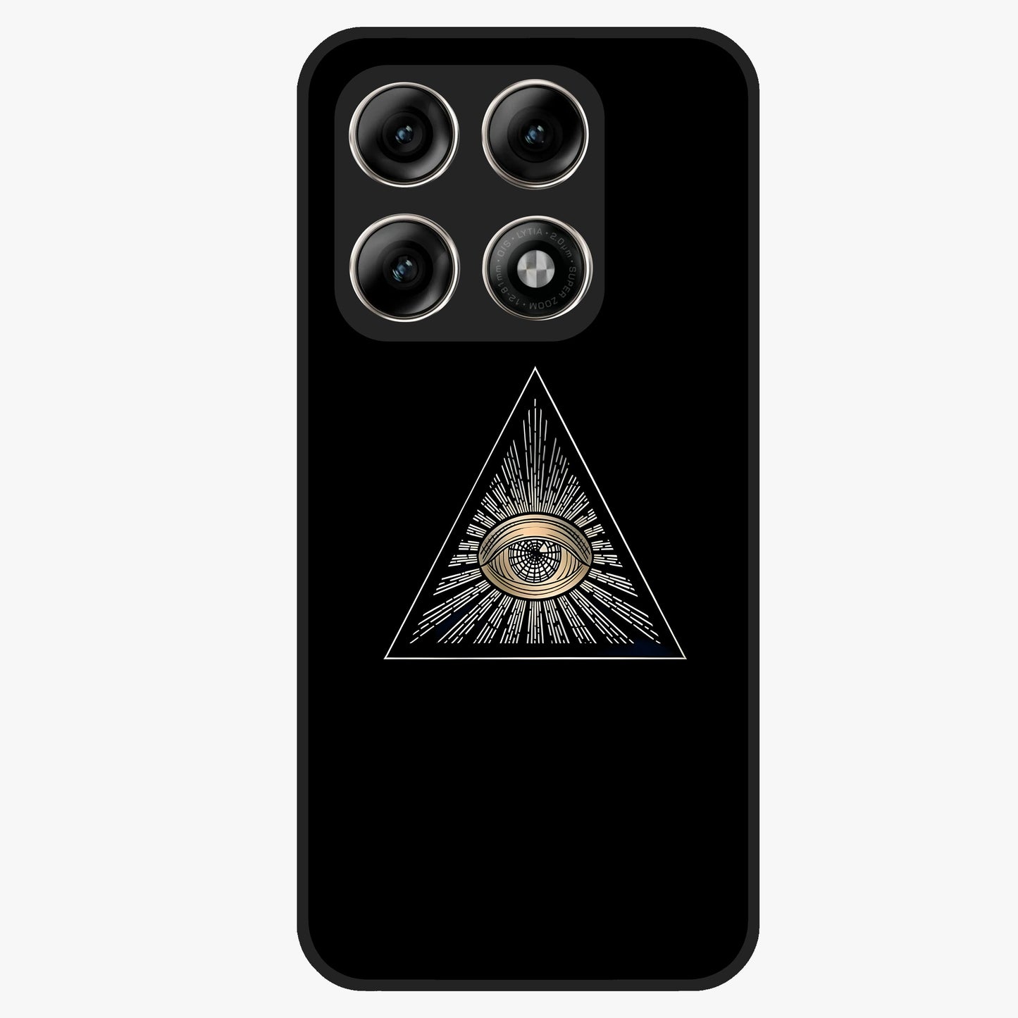 Illuminati Evil Glass Case showing flat back view with mysterious illuminati symbol artwork and glossy glass finish.