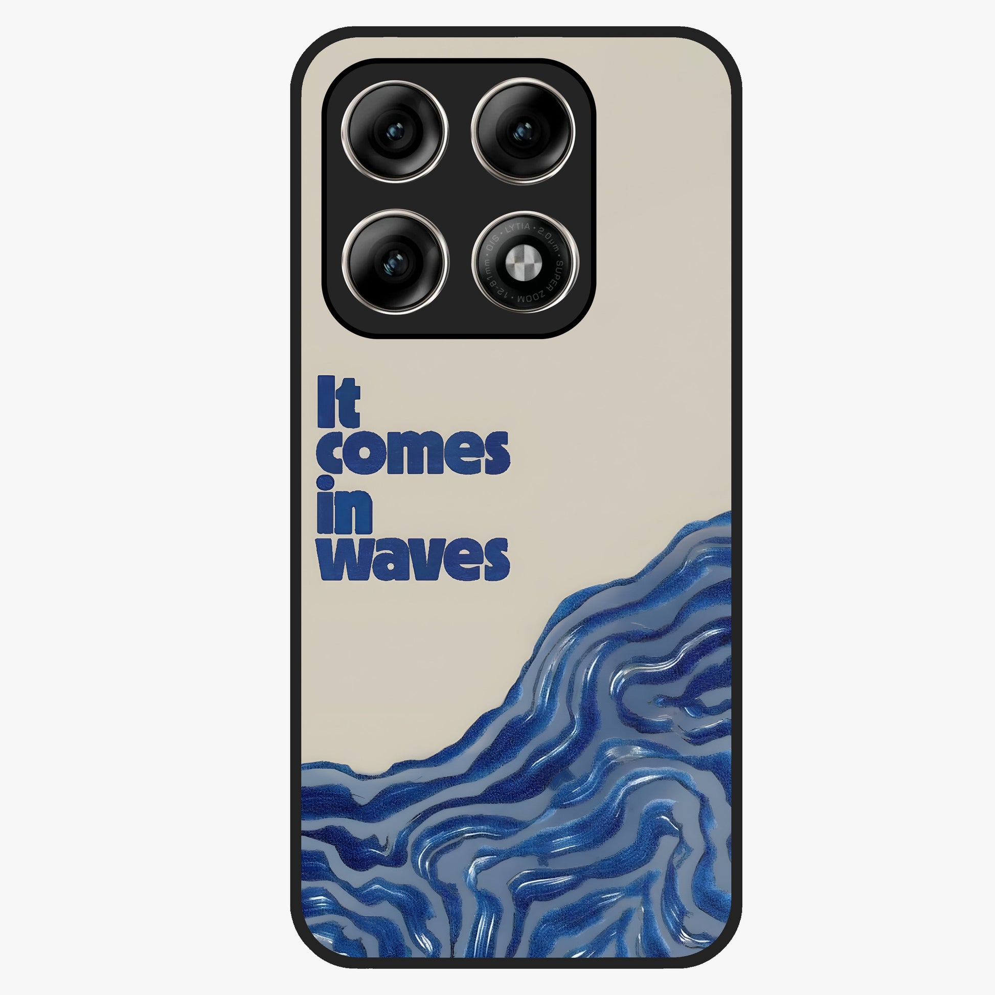 It Comes In Waves Quote Glass Case showing flat back view with inspirational wave themed quote artwork and glossy glass finish.