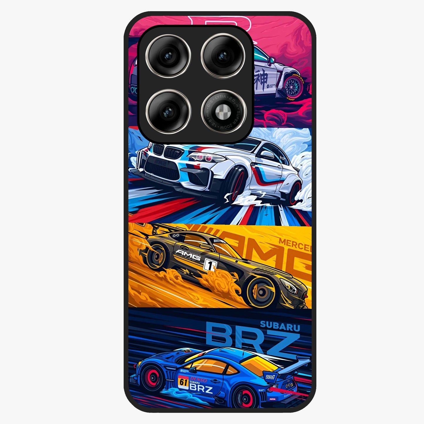 JDM Sports Car Glass Case showing flat back view with high performance sports car artwork and glossy glass finish.