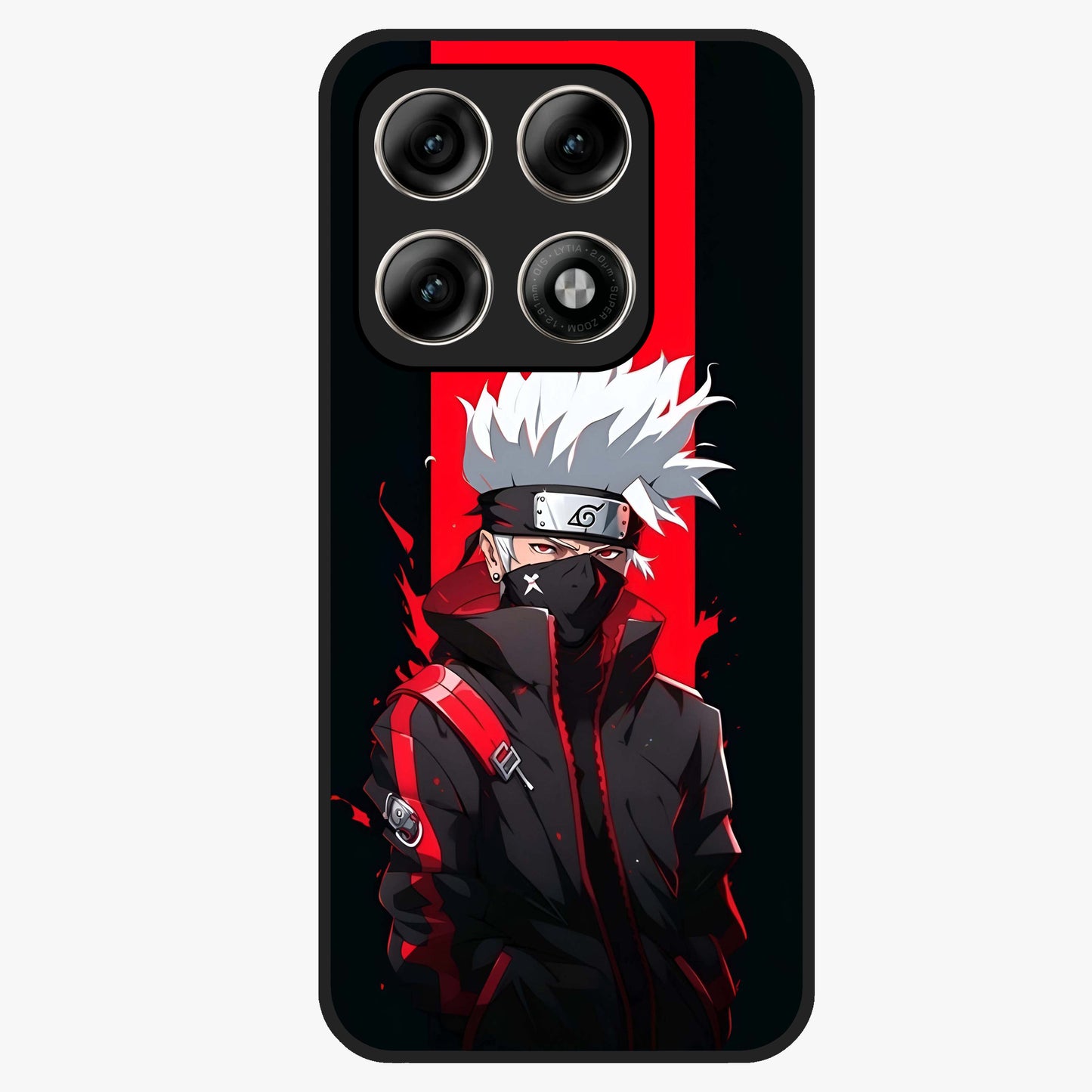 Kakashi Scarlet Shadow Glass Case showing flat back view with powerful anime ninja artwork and glossy glass finish.