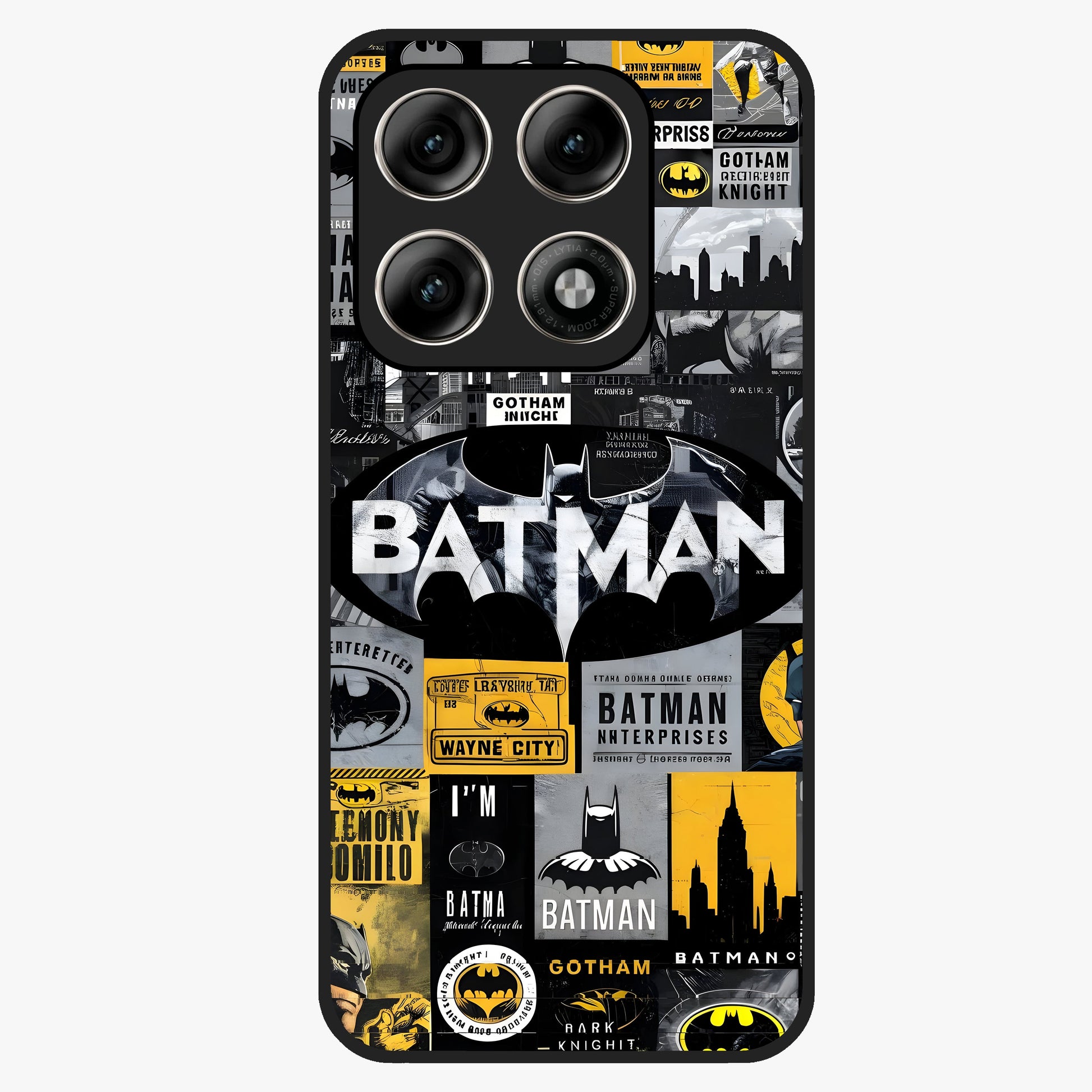 Knight Gotham Rise Glass Case showing flat back view with dark hero inspired artwork and glossy glass finish.