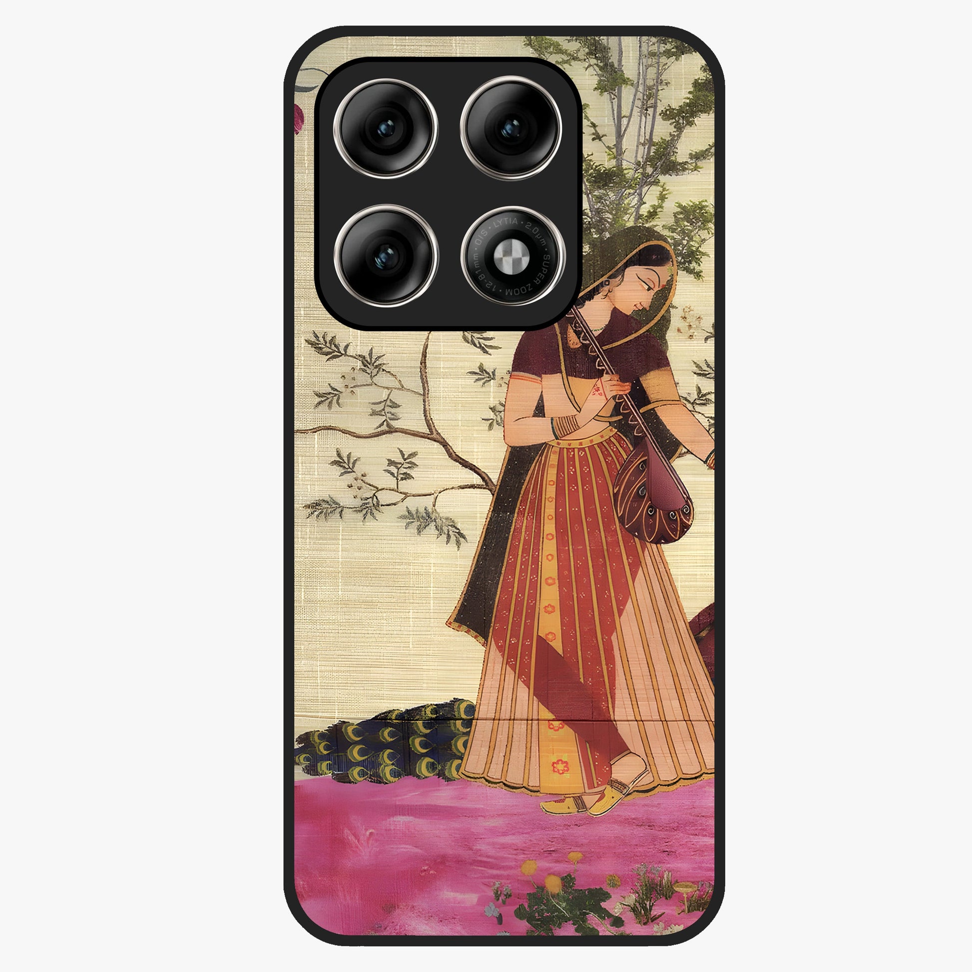 Lady With Veena Art Glass Case showing flat back view with elegant woman playing veena artwork and glossy glass finish.