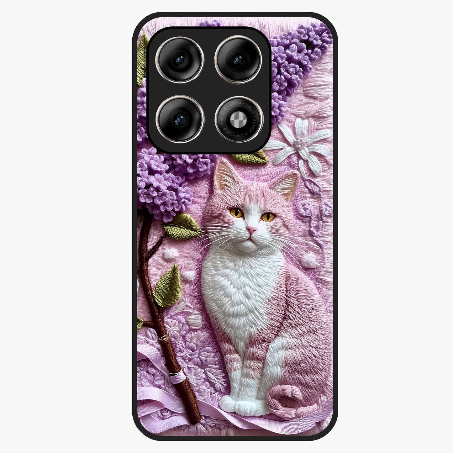 Lavender Cat Whimsy Glass Case showing flat back view with cute lavender cat artwork and glossy glass finish.