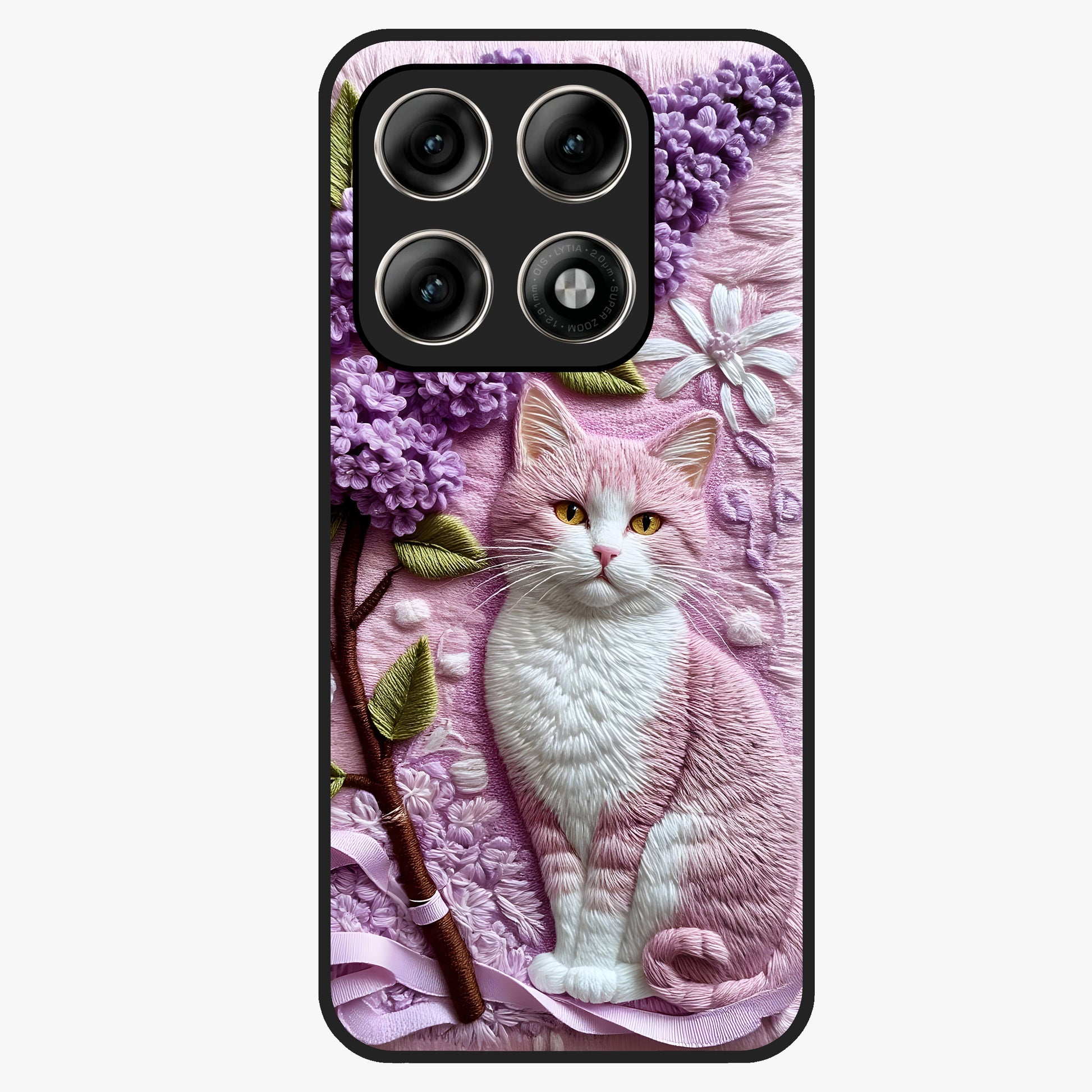 Lavender Cat Whimsy Glass Case showing flat back view with cute lavender cat artwork and glossy glass finish.