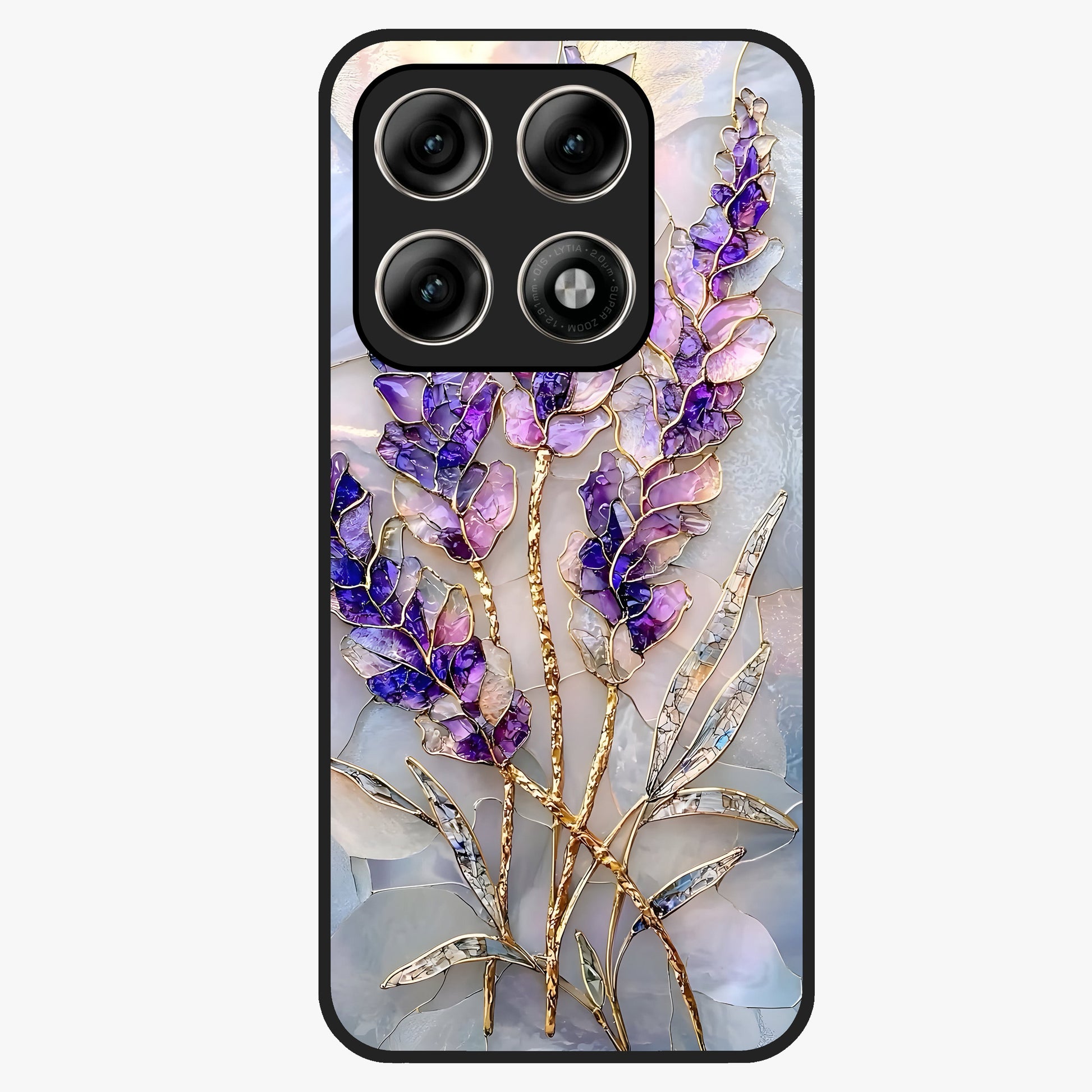Lavender Dream Glow Glass Case showing flat back view with glowing lavender aesthetic artwork and glossy glass finish.