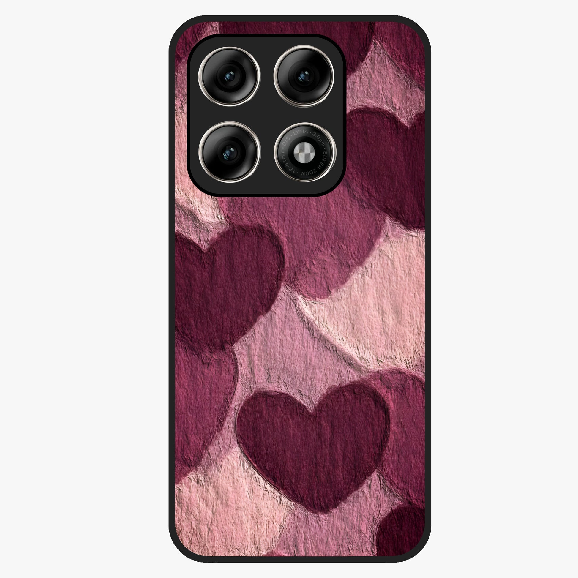 Layered Paper Hearts Glass Case showing flat back view with layered paper heart artwork and glossy glass finish.