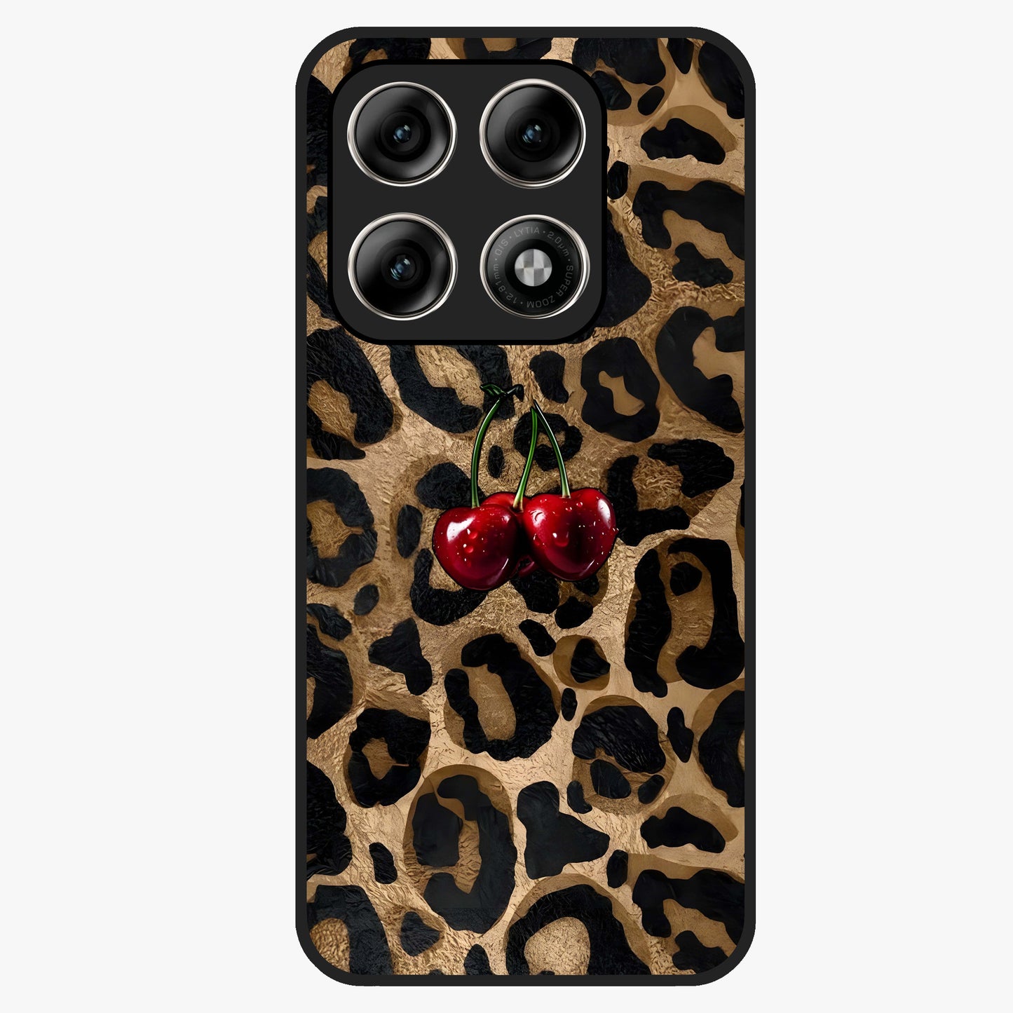 Leopard Wild Cherry Glass Case showing flat back view with leopard pattern and cherry artwork and glossy glass finish.