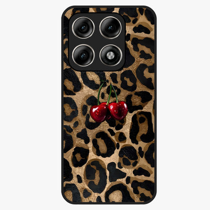Leopard Wild Cherry Glass Case showing flat back view with leopard pattern and cherry artwork and glossy glass finish.