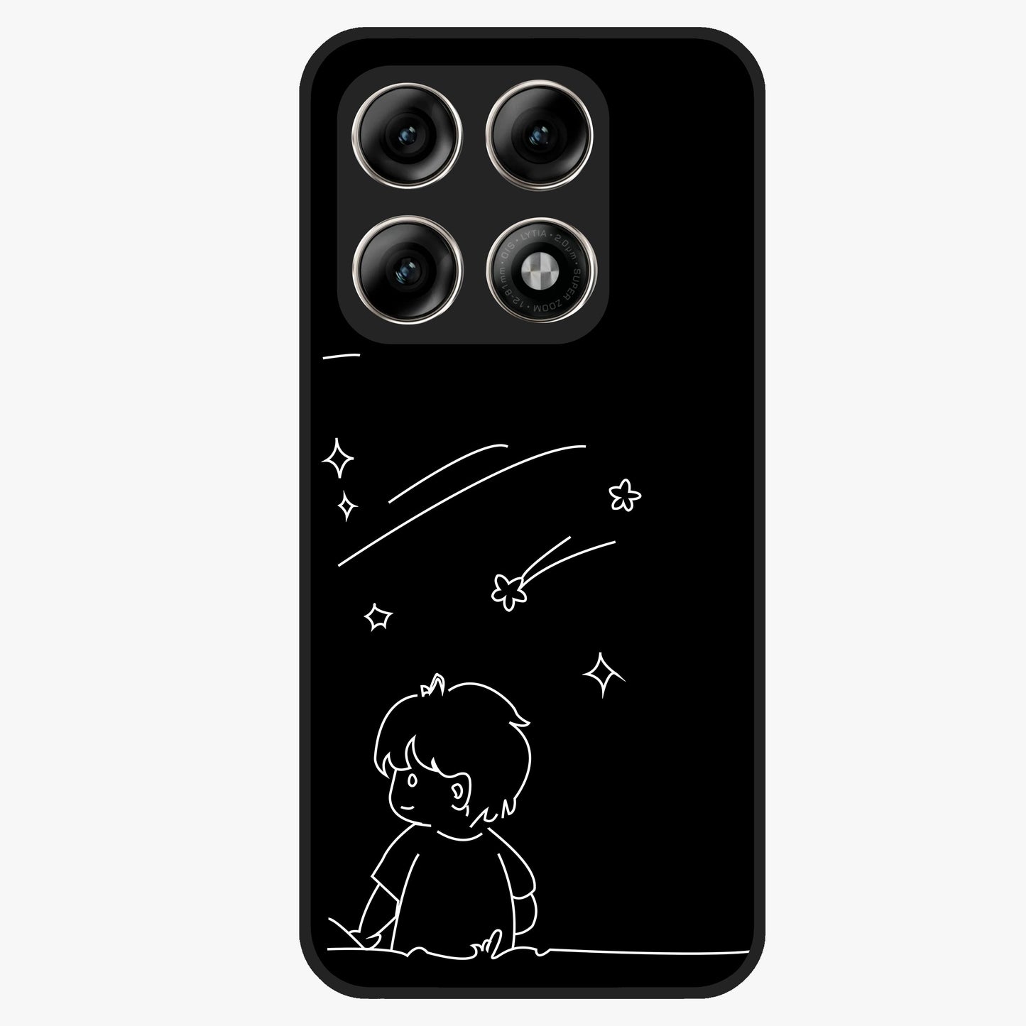Line Art Boy With Shooting Stars Glass Case showing flat back view with minimal line art boy and shooting stars illustration and glossy glass finish.