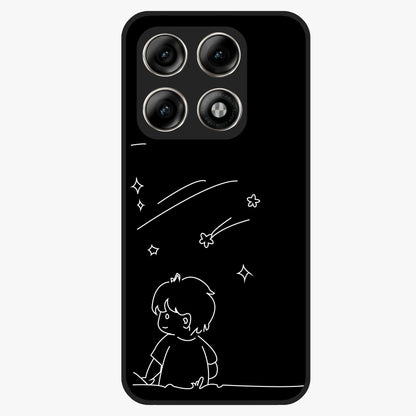 Line Art Boy With Shooting Stars Glass Case showing flat back view with minimal line art boy and shooting stars illustration and glossy glass finish.