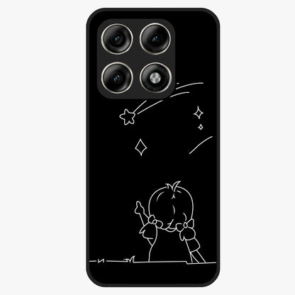 Line Art Girl With Shooting Stars Glass Case showing flat back view with minimal line art girl and shooting stars illustration and glossy glass finish.