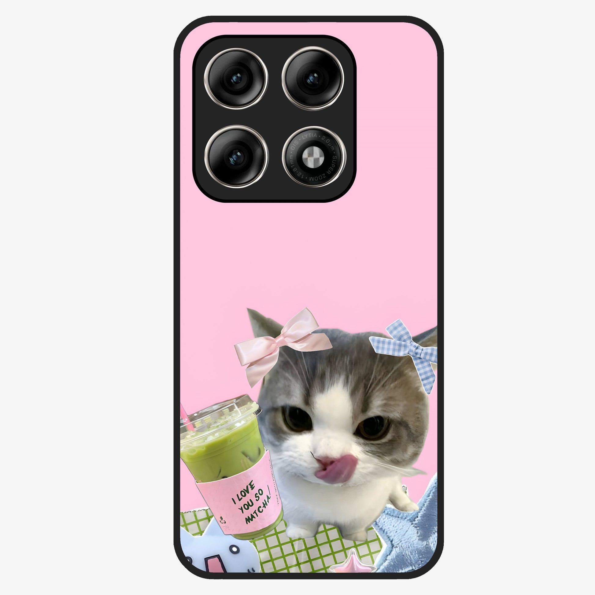 Love Matcha Cat Glass Case showing flat back view with cute cat and matcha themed artwork and glossy glass finish.