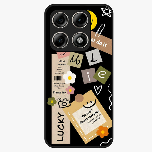 Lucky Aesthetic Collage Glass Case showing flat back view with trendy aesthetic collage artwork and glossy glass finish.