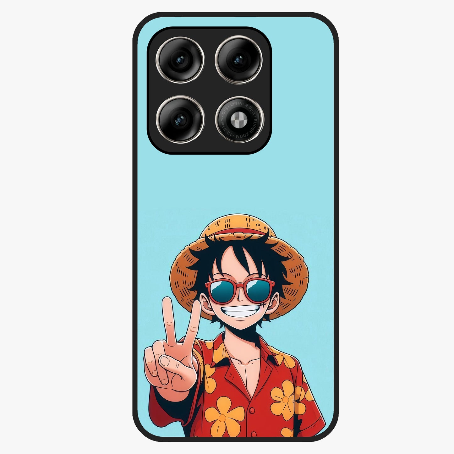 Luffy Summer Anime Vibe Glass Case showing flat back view with vibrant anime character artwork and glossy glass finish.