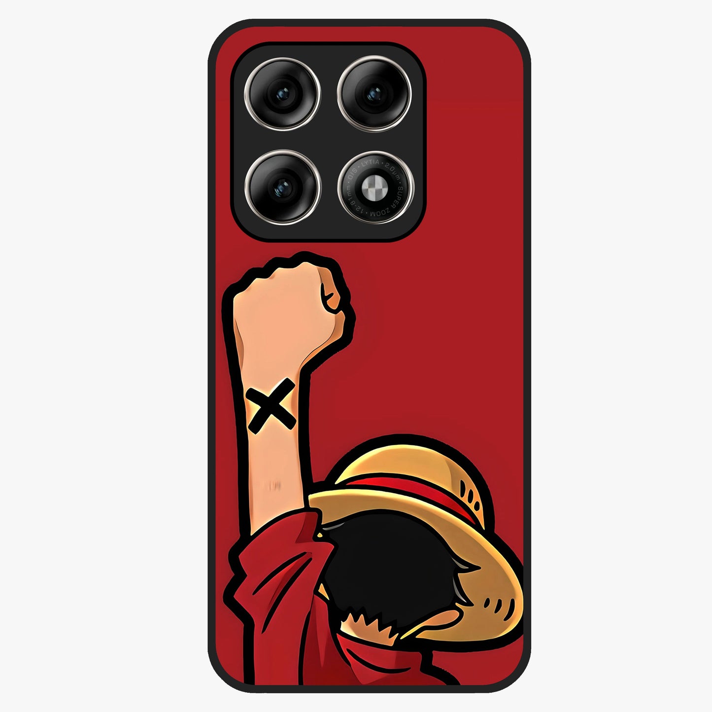 Luffy X Spirit Glass Case showing flat back view with bold anime character artwork and glossy glass finish.