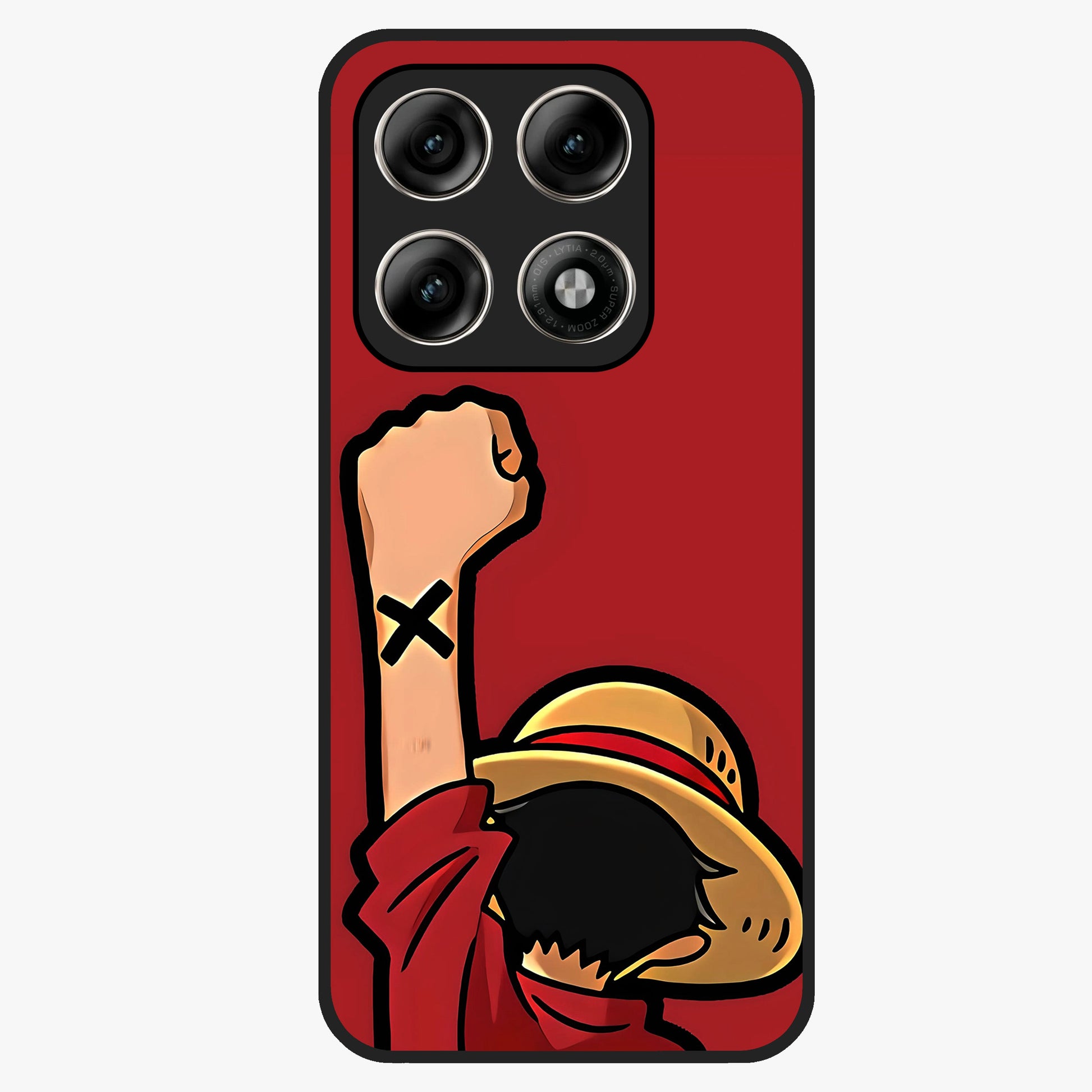 Luffy X Spirit Glass Case showing flat back view with bold anime character artwork and glossy glass finish.