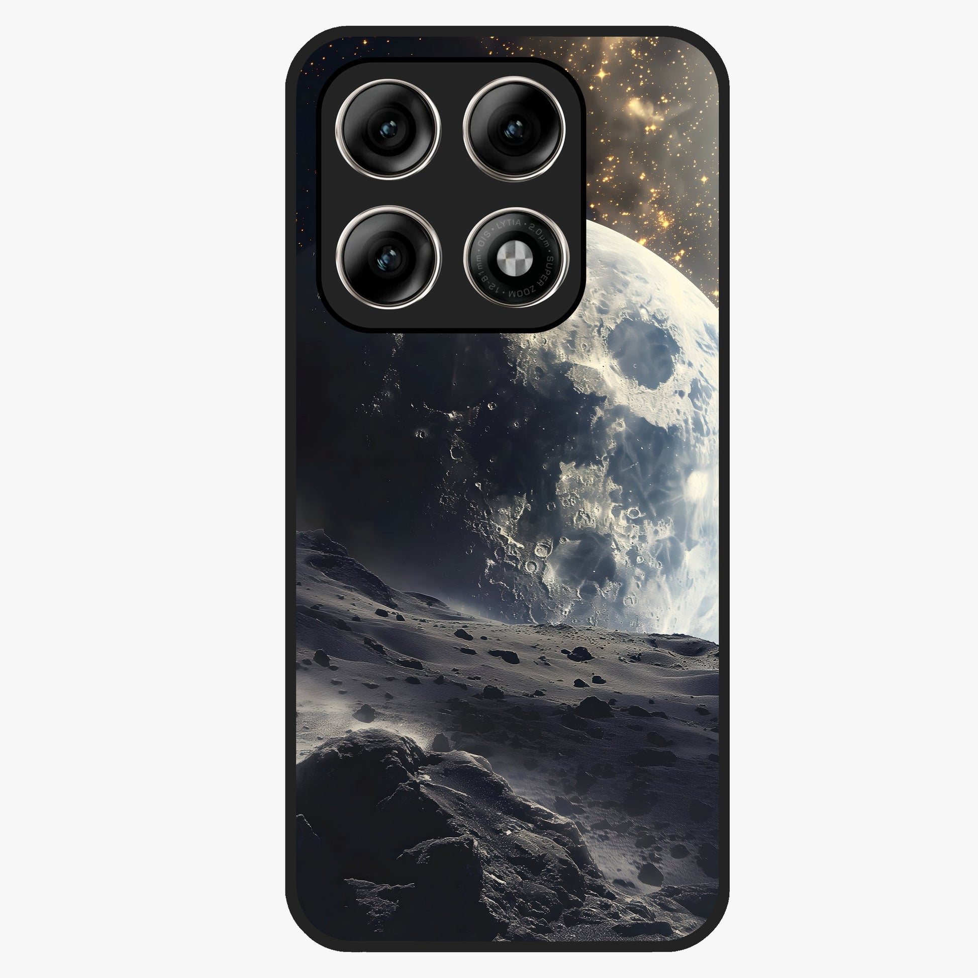 Lunar Horizon Glow Glass Case showing flat back view with glowing moon horizon artwork and glossy glass finish.
