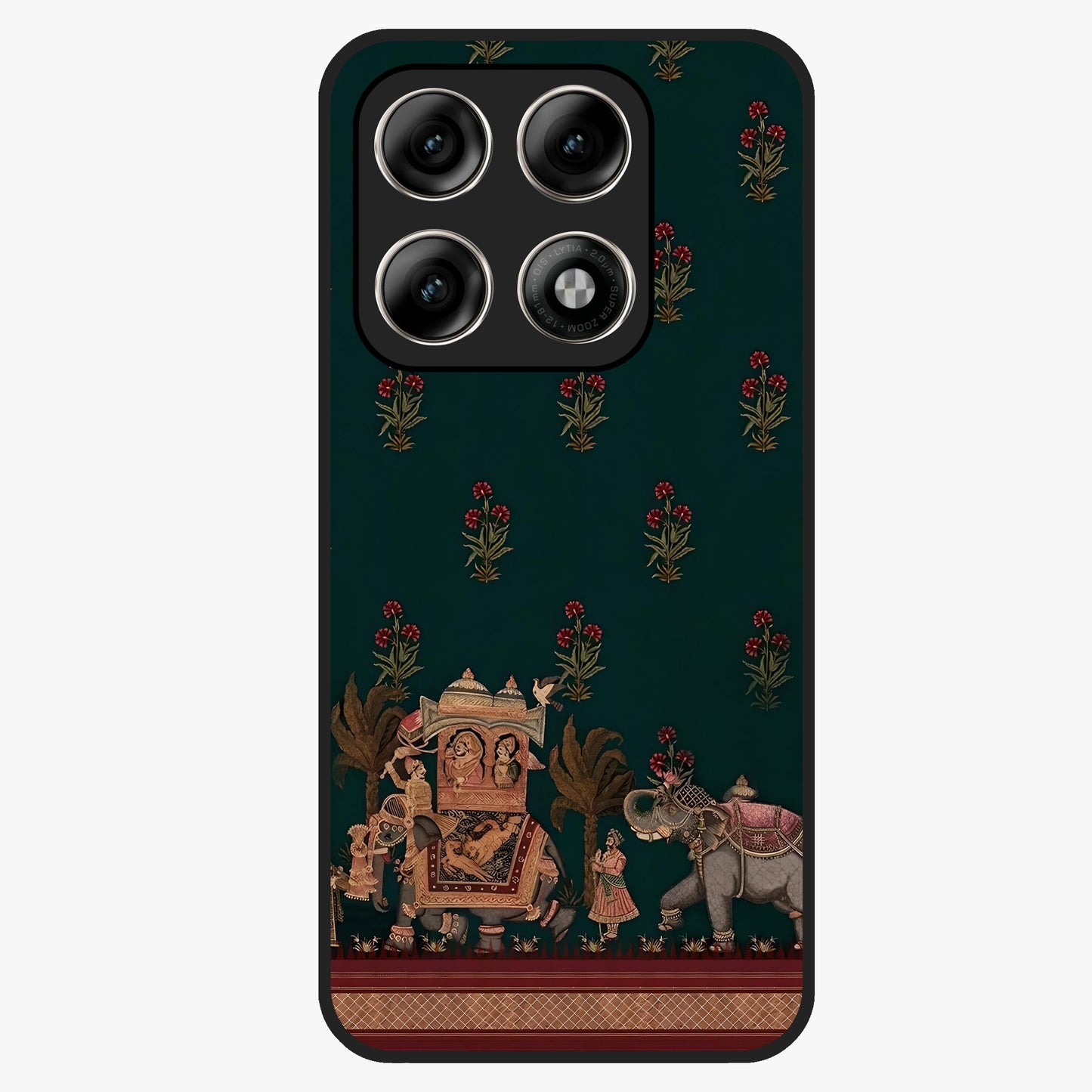 Macmerise Glass Case showing flat back view with stylish modern artwork and glossy glass finish.
