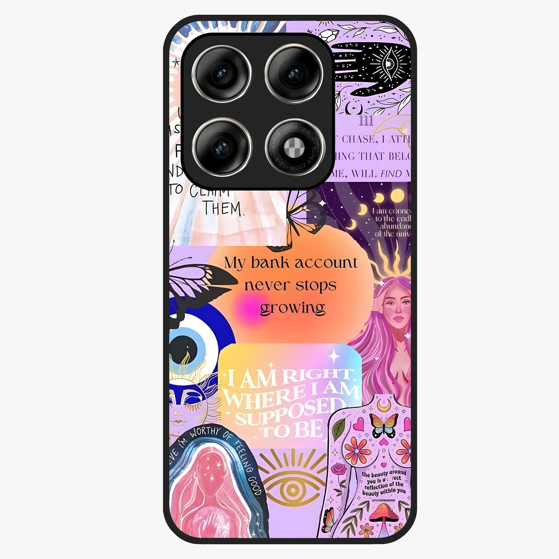 Manifestation Collage Glass Case showing flat back view with motivational collage artwork and glossy glass finish.