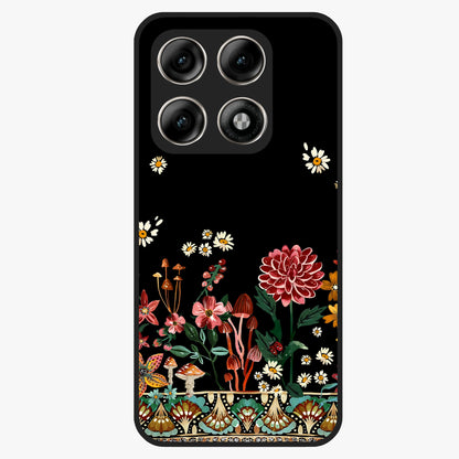 Midnight Bloom Pattern Glass Case showing flat back view with dark floral pattern artwork and glossy glass finish.