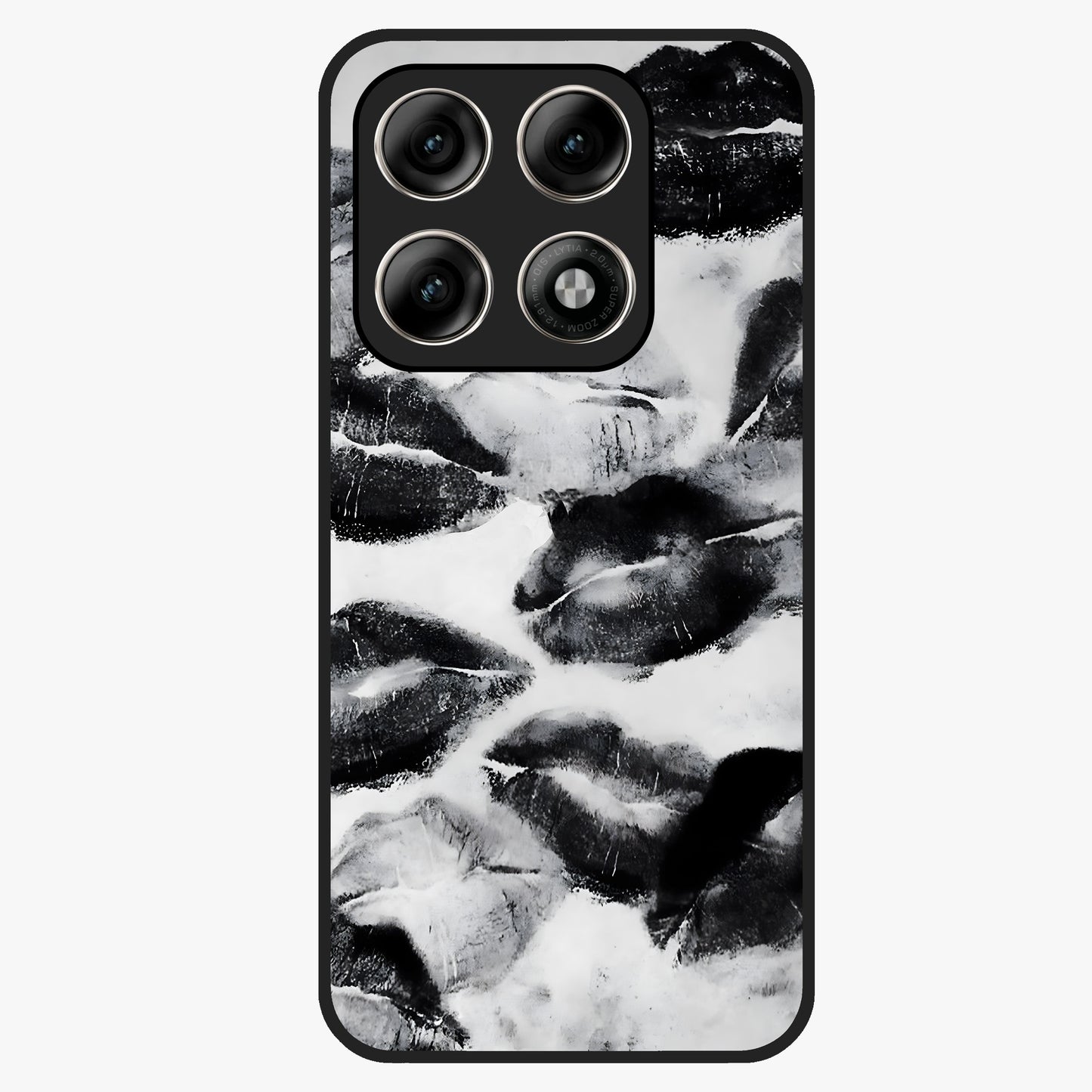Midnight Kiss Marks Glass Case showing flat back view with lipstick kiss mark artwork and glossy glass finish.